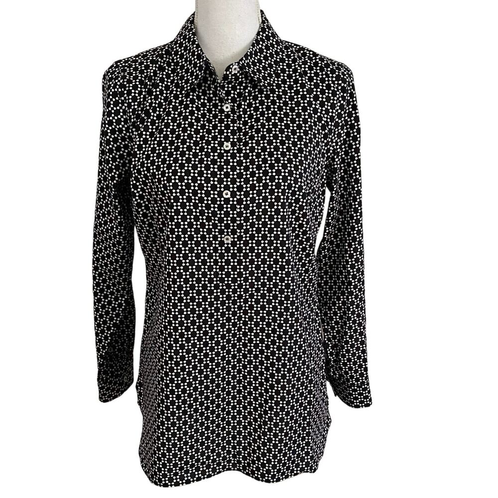 Talbots Size 6 Popover Non Iron Top Blouse Shirt Black White Print